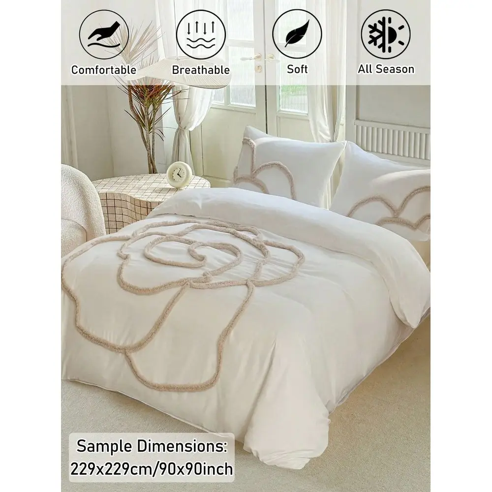 

3pcs White Floral Tufted Polyester Duvet Cover Set, Simple Chic Pastoral Style Bedding Set Suitable For All Seasons 1 Duvet Cov