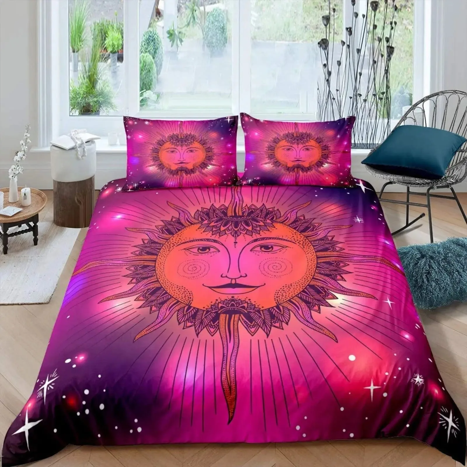 

3D Print Sun Moon Duvet Cover Set Microfiber Bohemian Black and White Yin Yang Comforter Cover Galaxy Star Twin Bedding Set