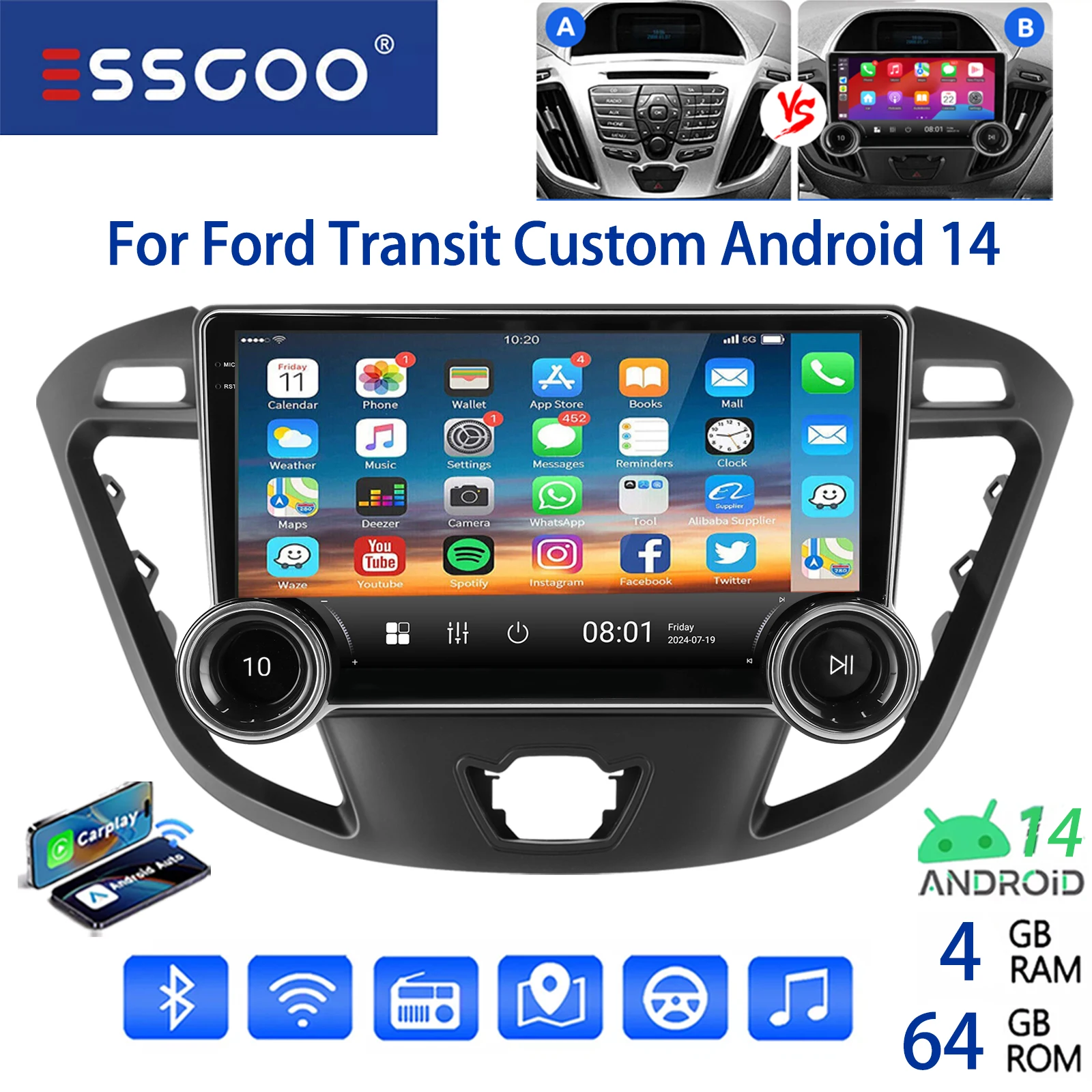 ESSGOO 10 "Android 14 Auto Stereo Radio Für Ford Transit Custom 2012-21 Carplay Android Auto GPS Navi FM WiFi BT RDS Spiegel Link