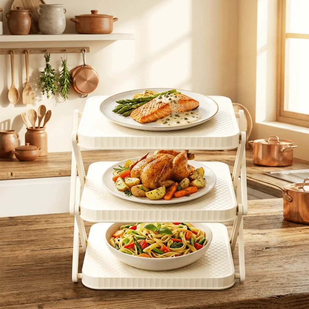 3-Layer Foldable Tray Rack Multi-functional Collapsible Prep Tray Rack Space Saving Durable Dish Storage Stand Outdoor Grill
