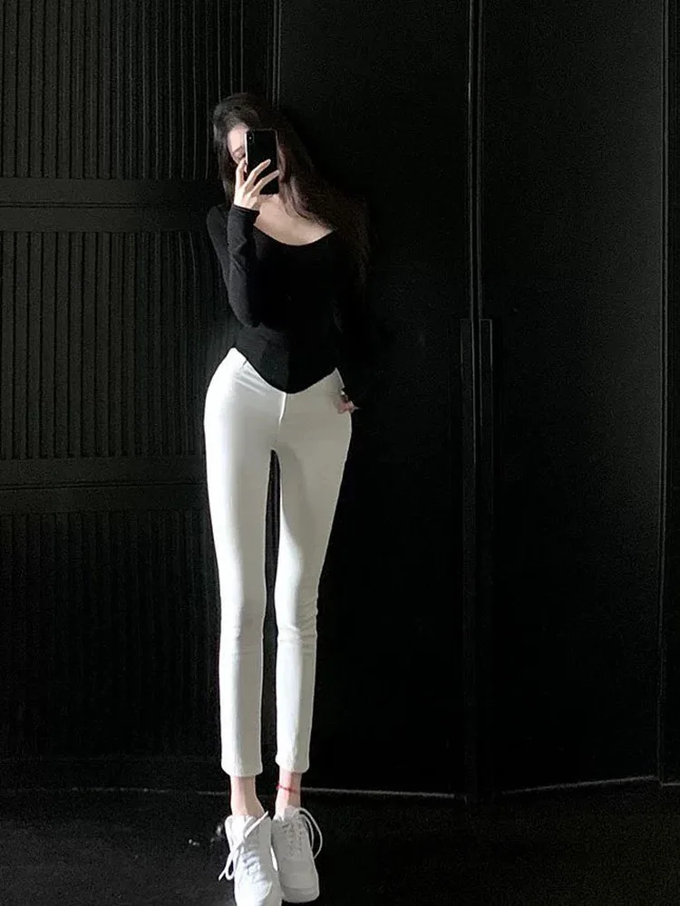 

Женские джинсы-карандаш с высокой талией, облегающие, белые, эластичные, удлиняющие ноги, утягивающие, Dongda Gate, новинка 2024 года