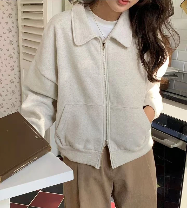 

Корейская шикарная женская пригородная куртка с капюшоном — толстая толстовка на флисовой подкладке с двухслойной молнией, верхняя одежда