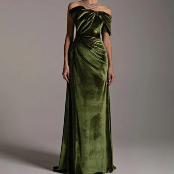 Abito da sera con fiocco Flechazo con spalle scoperte, lunghezza dritta fino al pavimento, pieghe, abiti da donna personalizzati per banchetti in velluto