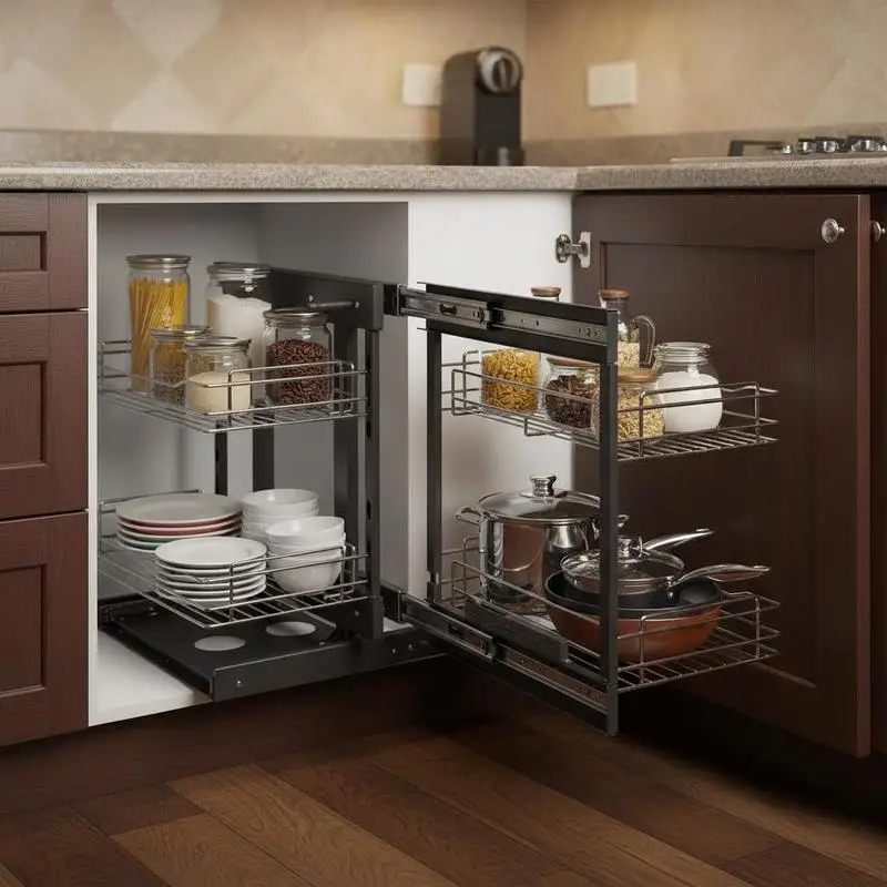 Ausziehbarer Eckorganizer mit Mindestöffnung 380 cm Breite, Küchenschrank-Organizer mit 2 Ebenen und 4 Regalen, Aufbewahrungskorb aus verchromtem Kohlenstoffstahl, 60,5x45,5 cm