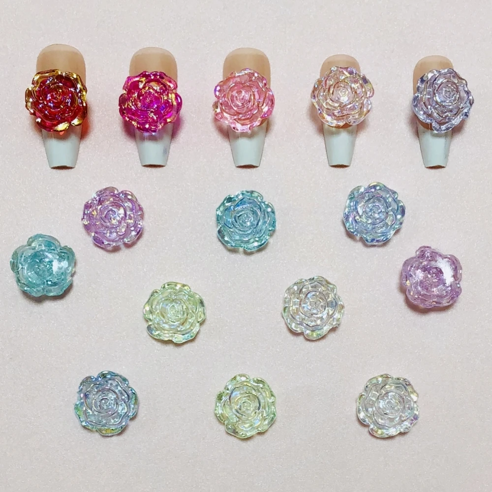 

20Pcs Shiny Colorful Ab Color Translucence Rose Nail Art Charms Diy Ballerina Oval Fingernails Junk Phone Case Flowers Decor