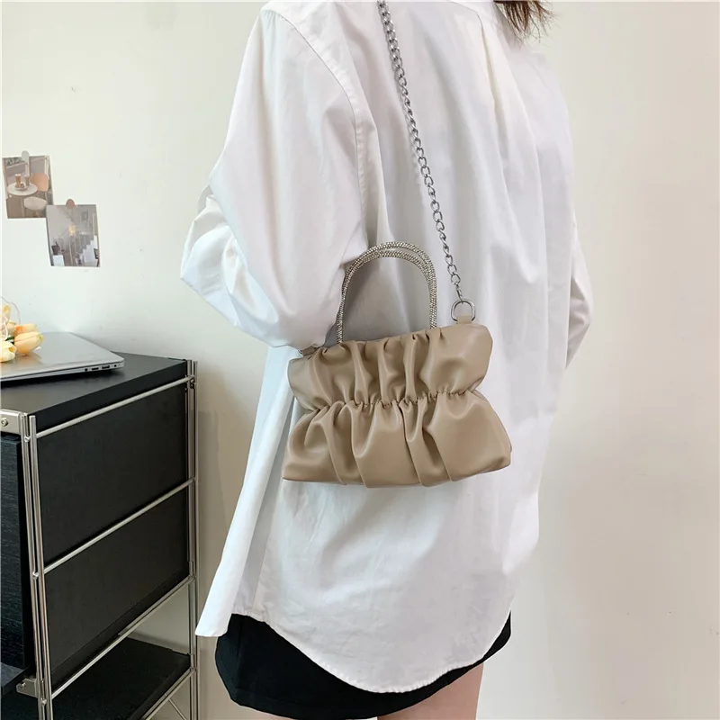 Fashion Pleated Handlebags for Women Leisure Armpit Bag PU Leather Women Designer Handbag Chain Shopping Shoulder Messenger Bag
