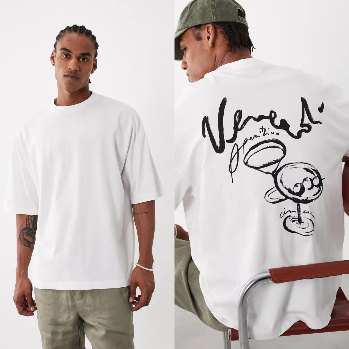 2026 Men Oversized White T Shirt Back Hand Drawn Cocktail Sketch Art Print Streetwear Short Sleeve Top