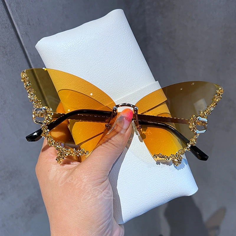 Luxury Diamond Butterfly Sunglasses Women Brand y2k Vintage Rimless Oversized Sun Glasses Ladies Eyewear gafas de sol