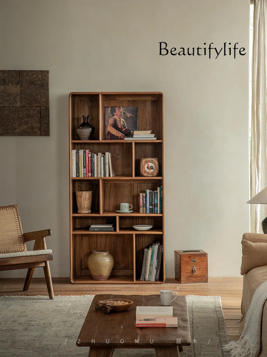 Teak Bookcase \Mid-Ancient Retro Style All Solid Wood Floor Wall Free Combination Integrated Bookcase