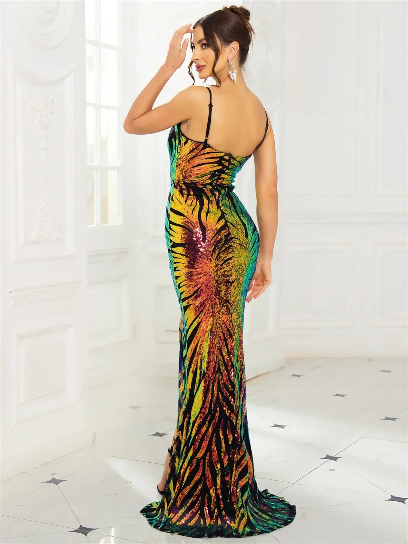 Vestido de baile maxi com lantejoulas florais douradas, vestido de festa à noite, sereia, decote em V, sem mangas, costas nuas, fenda frontal, corte