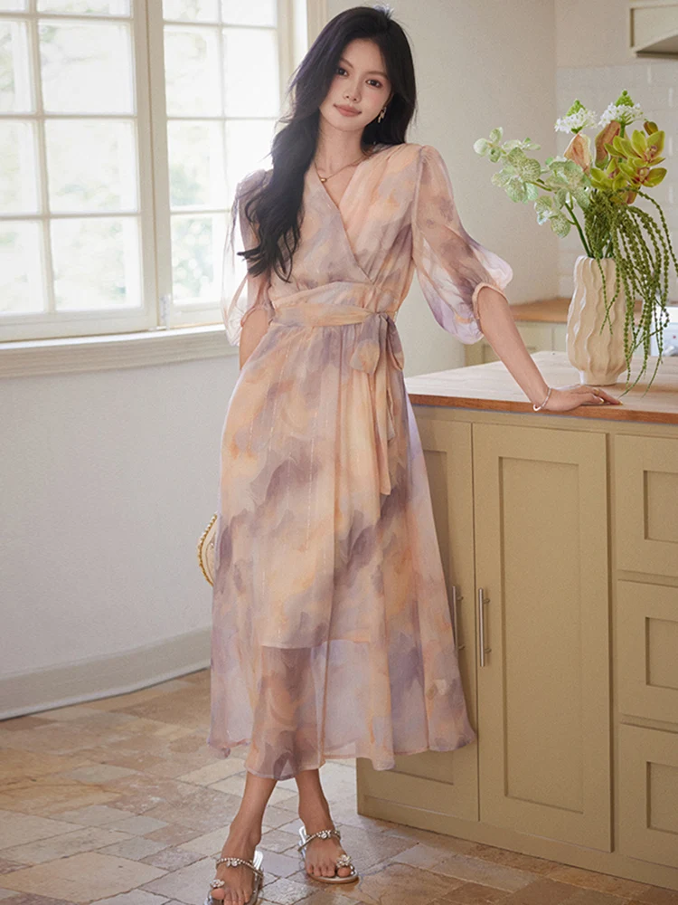 花柄Aラインロングドレス レディース 夏 2026 新作 ウエストシェイプ エイジレス エレガント Vネック ガウン 通勤 レディライク