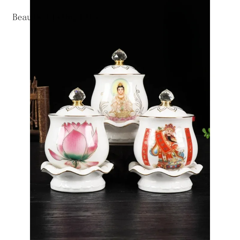 Chinese minimalist ceramic lotus water supply cup, home offering Guanyin tea cup, holy water cup decoration feng shui