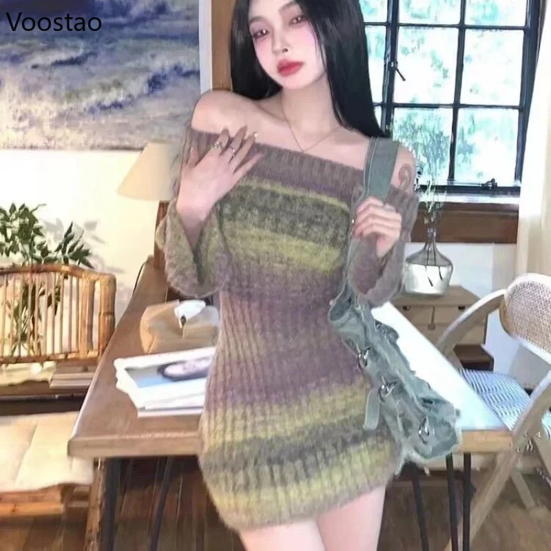 Korean Mini Corset Dress Women Korean Striped Knitted Dress Gyaru Sexy Tie Dye Long Sleeve Sweater Female Spring Autumn Clothes