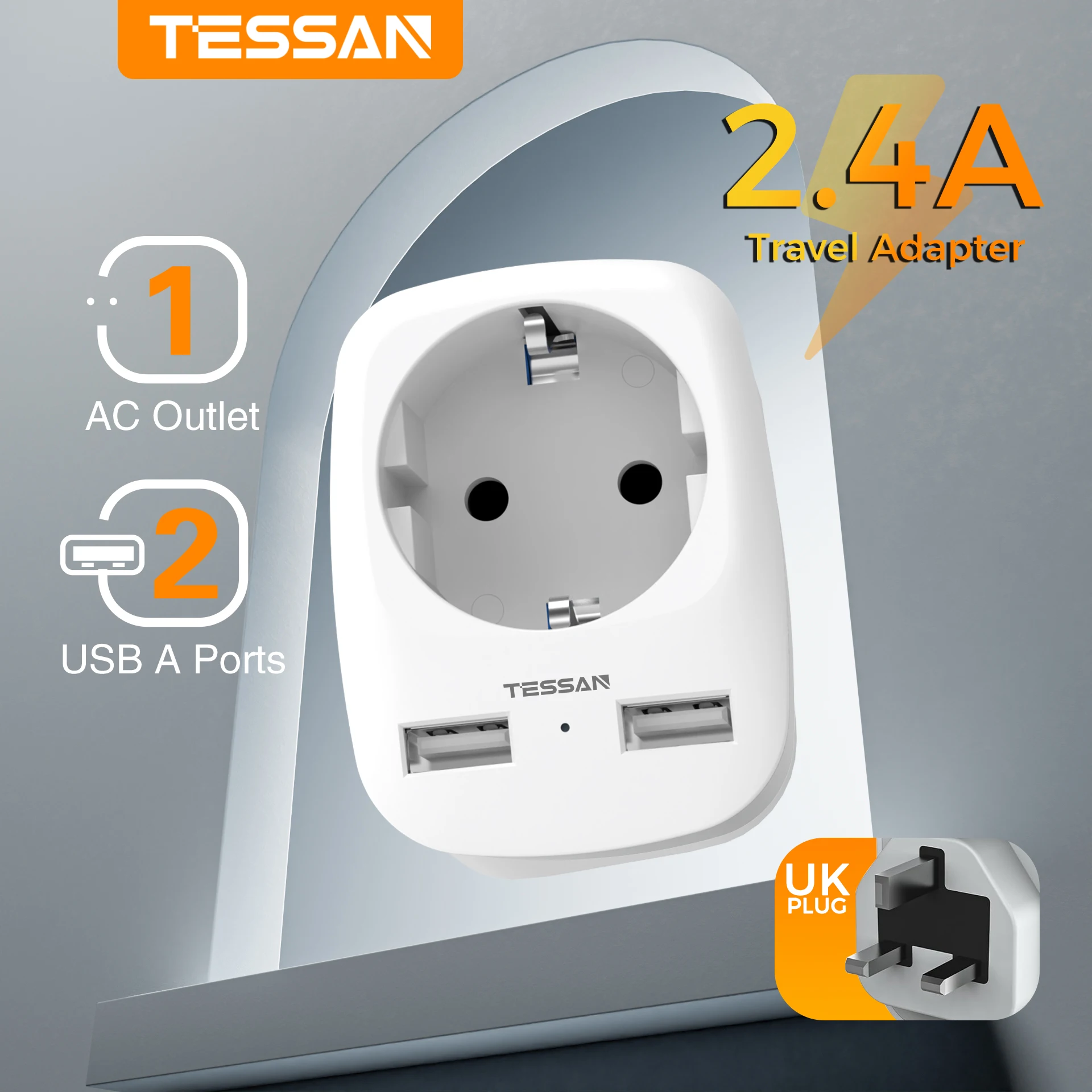 TESSAN Travel Adapter Socket with 1 AC Outlet and 2 USB Charging Ports, Wall Outlet Power Strip for Home