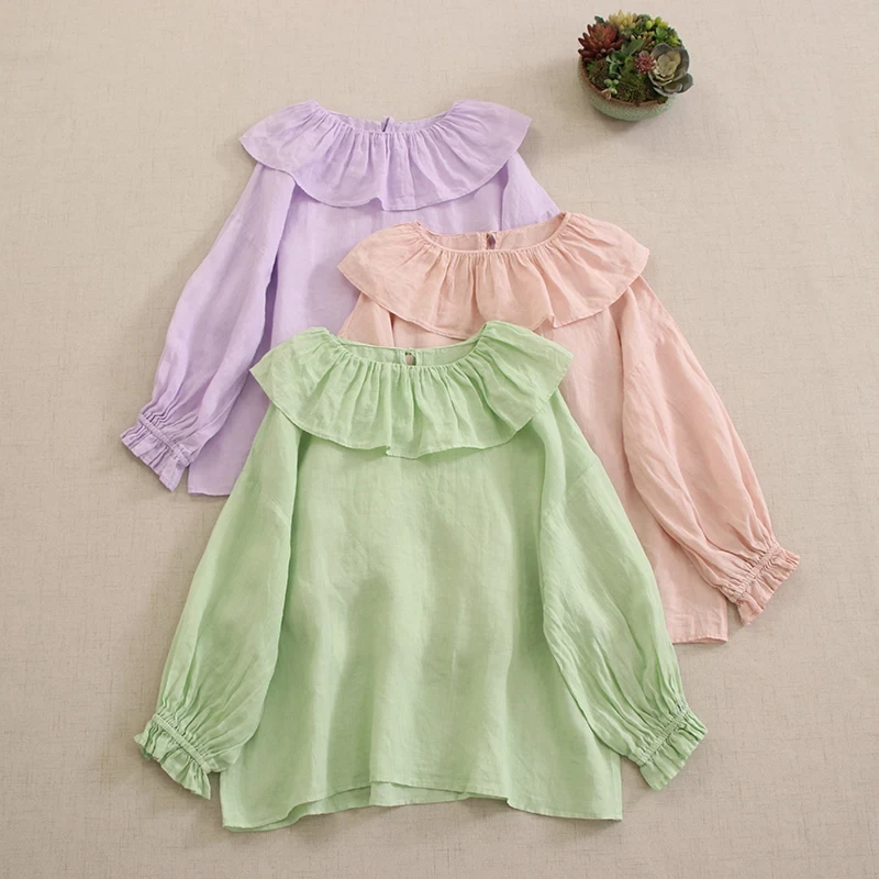 

Spring Sweet Mori Girl Ruffles Collar Solid Candy Color Cotton Shirt Women Long Sleeve Casual Loose Blouse Tops