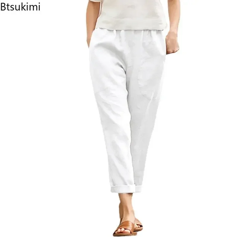 New Spring Summer Women's Cotton Linen Pants Solid Elastic Waist Oversized Casual Pants Women Straight Loose Homewear Trousers