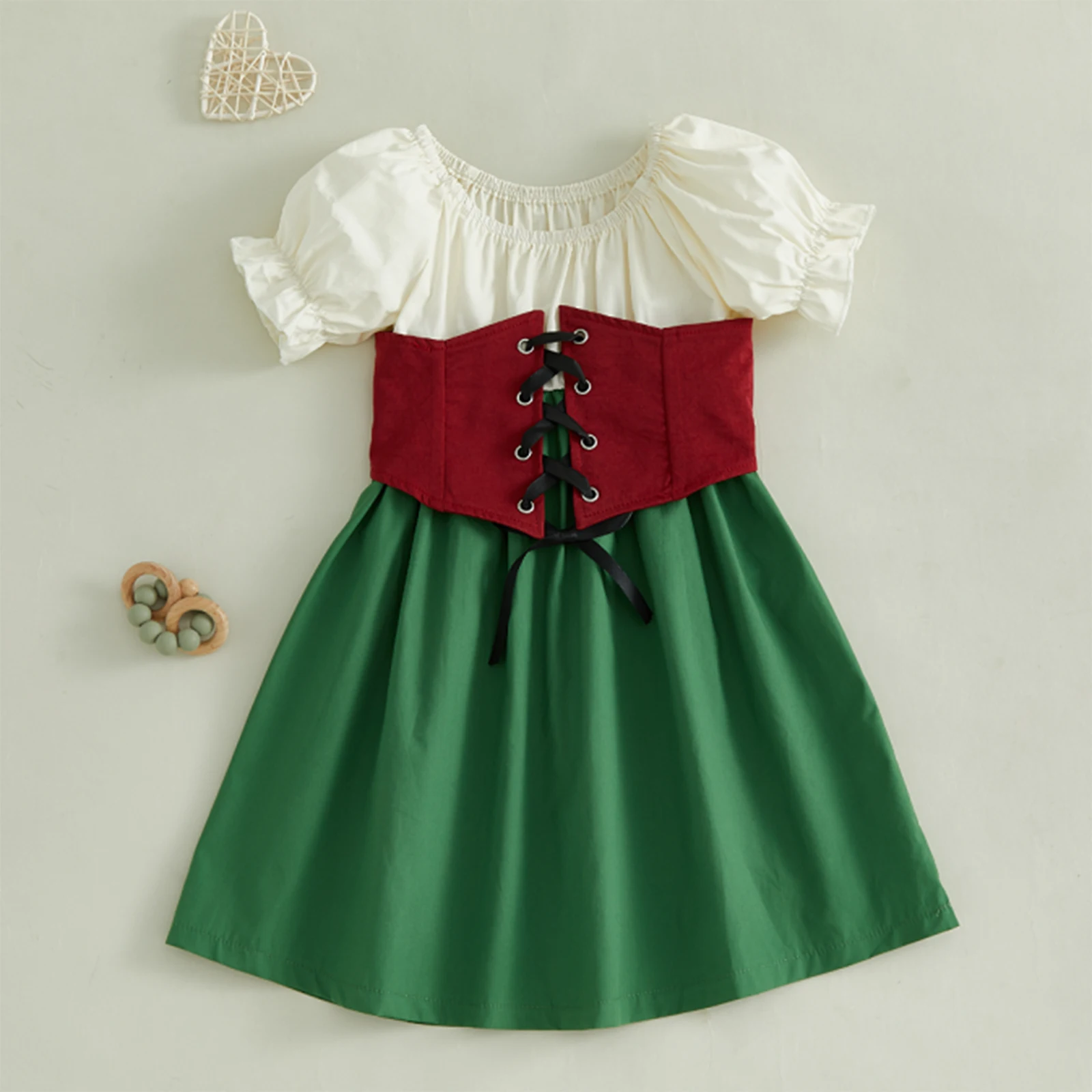 Toddler Girls Oktoberfest Cosstume Adorable Contrast Color Short Sleeve Square Neck Dress with Corset Vest for Cosplay Party