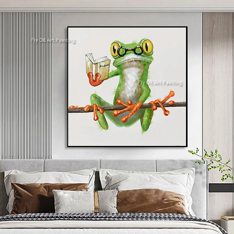 New Popular Hand Painted Black Green Frog With Suit Canvas Artwork For Bedroom Decor Simple Frog With Unbralle Oil Painting