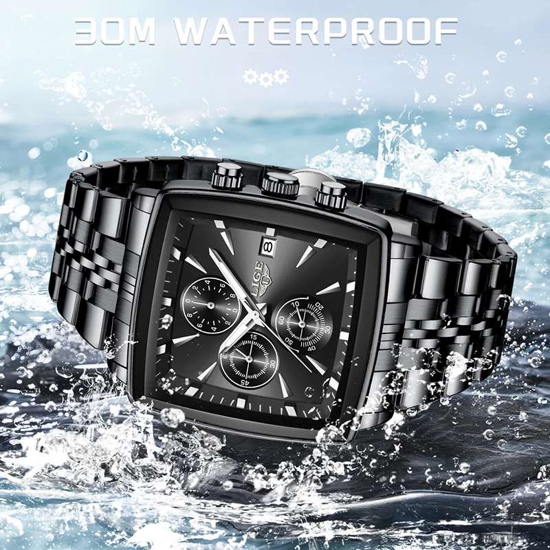 LIGE Orologi sportivi da uomo Fashion Business Orologio da polso luminoso quadrato da uomo Cronografo al quarzo con data impermeabile Relogio Masculino