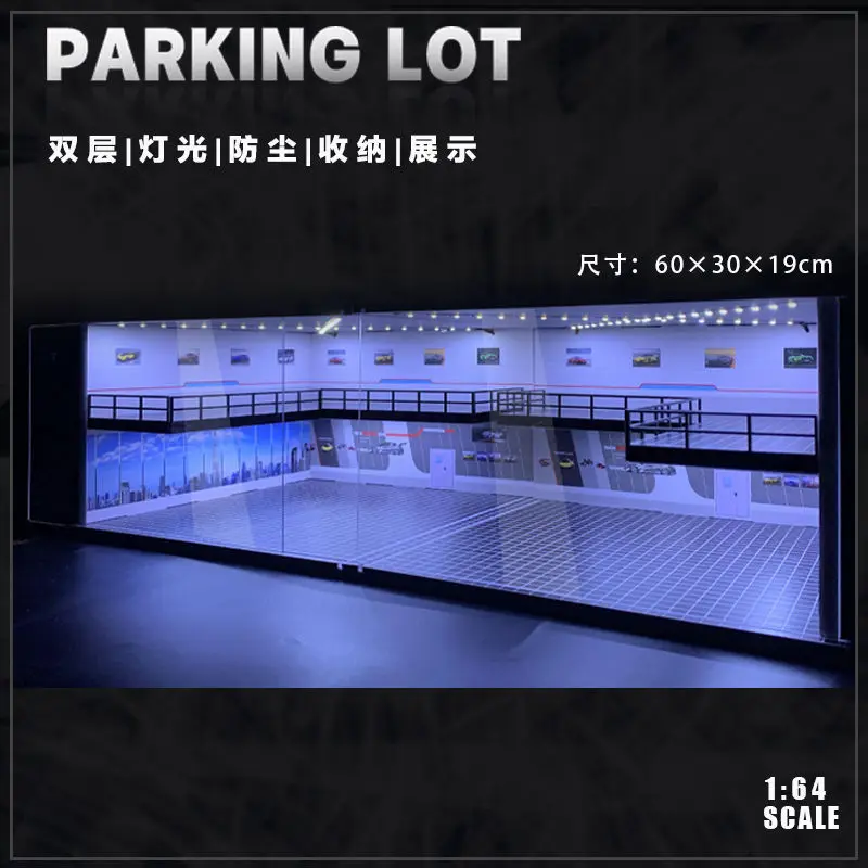 1/64 Car Showroom Garage Scene Model with Light Assembled Parking Lot Diorama Parking Place for Miniatures Vehicles Display