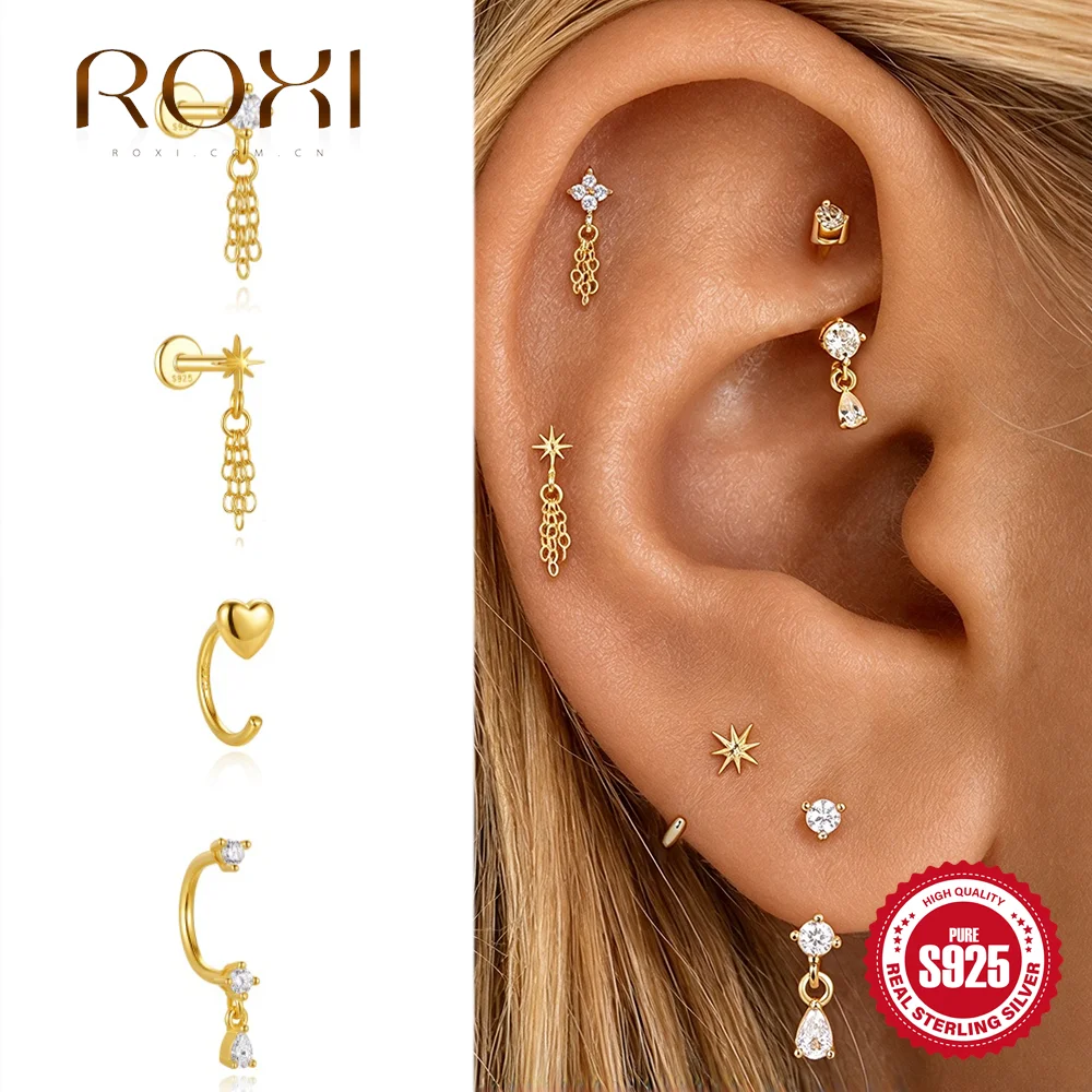 ROXI 925 Sterling Silver 16G Star Chain Tassel/Round CZ Curved Barbell Women's Flat Back Piercing Stud • Helix Stud Dainty Gifts