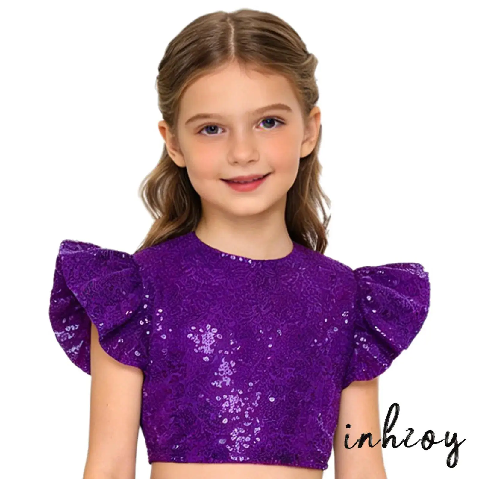 

Kids Girls Jazz Street Dance Crop Top Glittery Sequins Crew Neck Ruffled Fly Sleeve Back Hidden Zipper Fully Lined Blouse Top