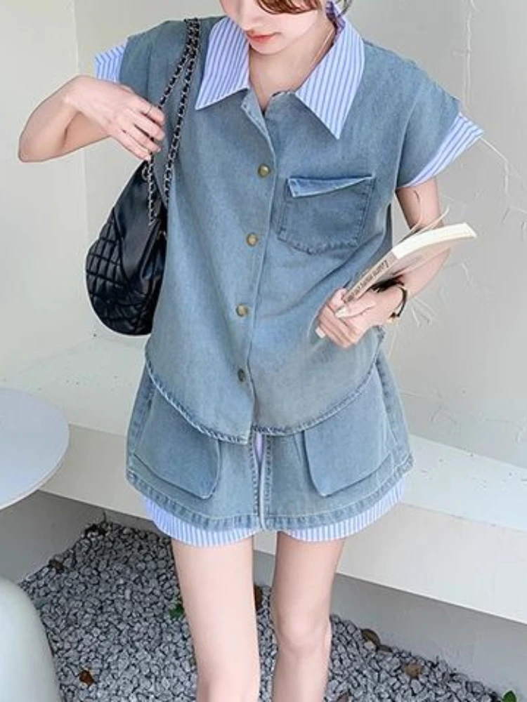 

2PCS Vintage Spliced Denim Shirt Skirt Set Women Summer Fashion Two Piece Outfit Trendy Outfits Short Sleeve OL Clothes Suit