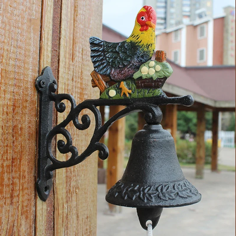 Cast Iron Wall Mounted Bell With Hand Cranking Hanging Rope Colored Hen Eggs European Home Garden Wall Decor Welcome Door Bell