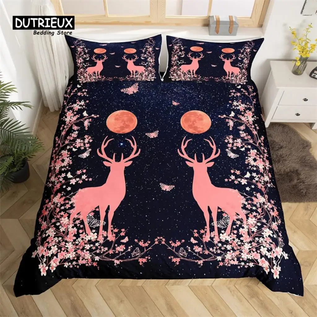 Deer Animal Duvet Cover Set Twin Queen Size Butterfly Flowers Bedding Set Microfiber Moon Galaxy Comforter Cover For Girls Teens