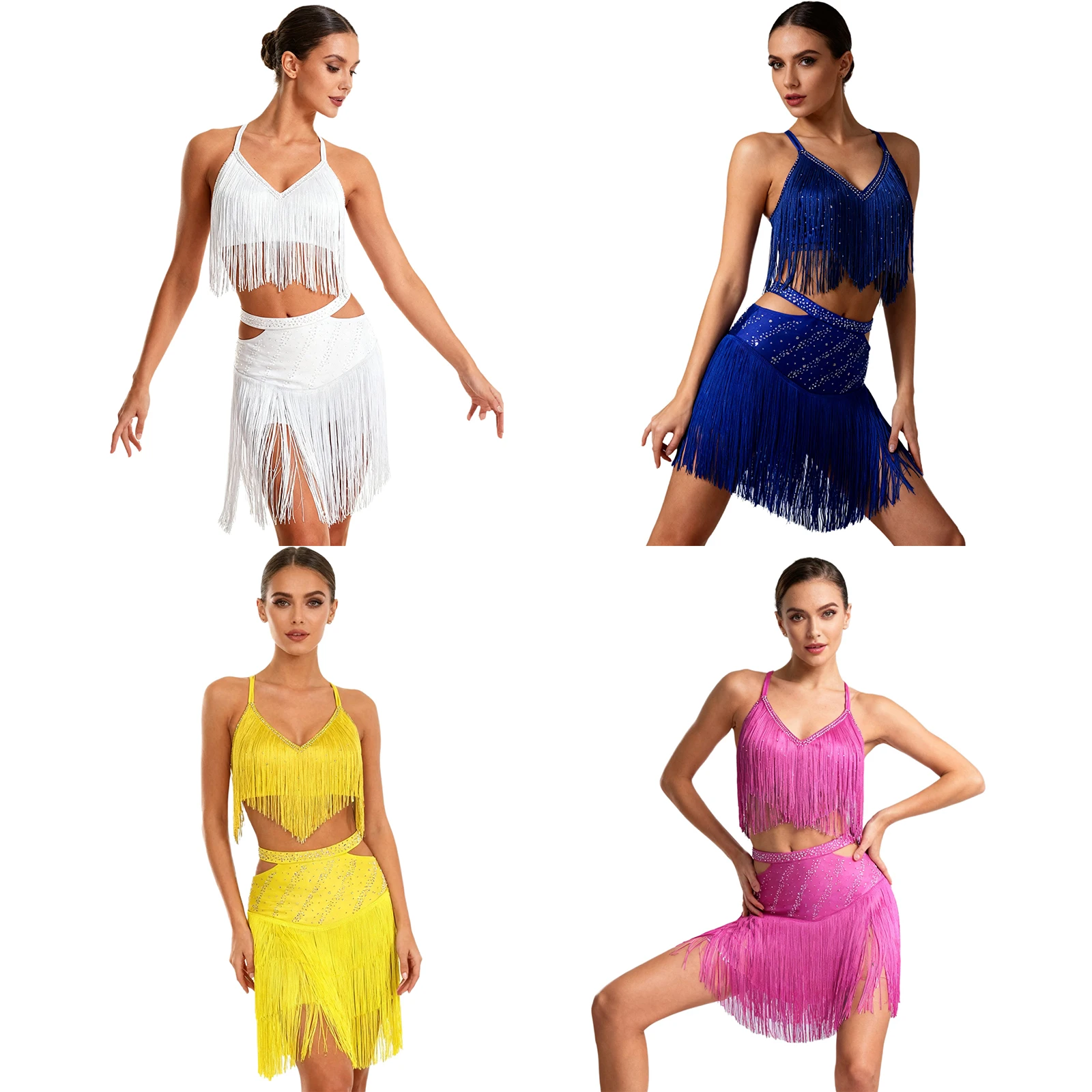 Trajes de baile de Tango latino para mujer, Top corto sin mangas con cuello en V y borlas entrecruzadas en la espalda y falda con cintura elástica recortada, Ropa de baile