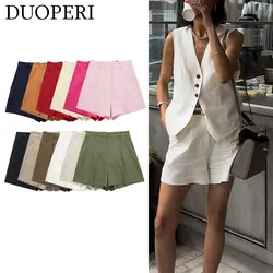 DUOPERI Women Fashion Plain Linen A-Line Suit Shorts Front Zipper Female Chic Lady Casual Basic Short Pants