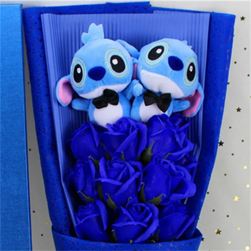 Stitch Bouquet Flower Lilo and Stitch Cartoon Plush Toy Blue Rose Bouquet Gift Box Decoration Valentine's Day Graduation Gift