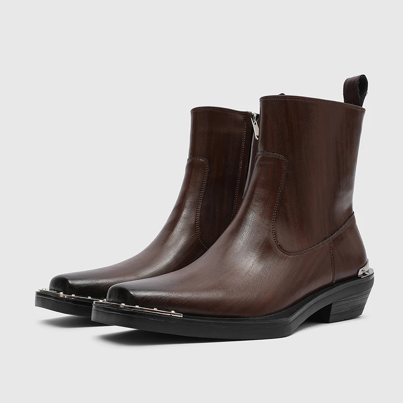 New Autumn Winter Personalized Square Toe Men Short Boots with Metal Edging on The Toe Niche Trendy Cool Design Sense