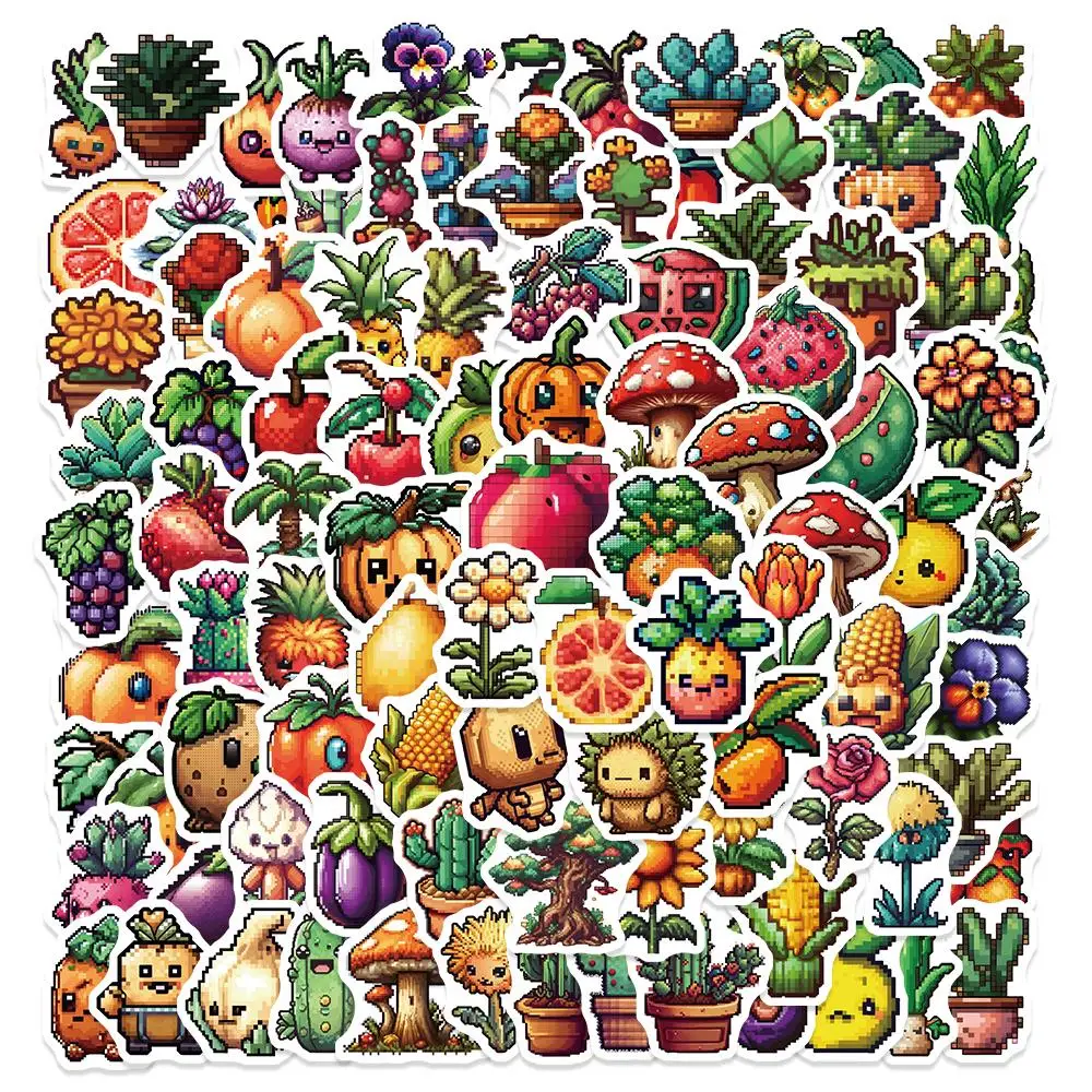 100pcs Cartoon Art Pixel Fruits and Vegetables Stickers for Laptop Guitar Water Bottle Phone Waterproof Stickers for Kids Toys