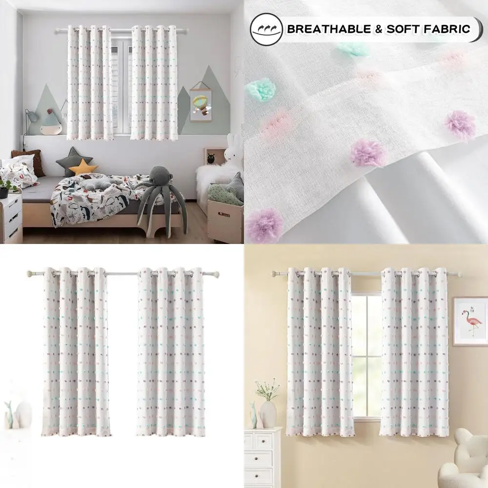 

100% Blackout Kids Curtains with Rainbow Pom-Poms, Double Layer, 52x63 in, Set of 2 for Nursery and Kitchen