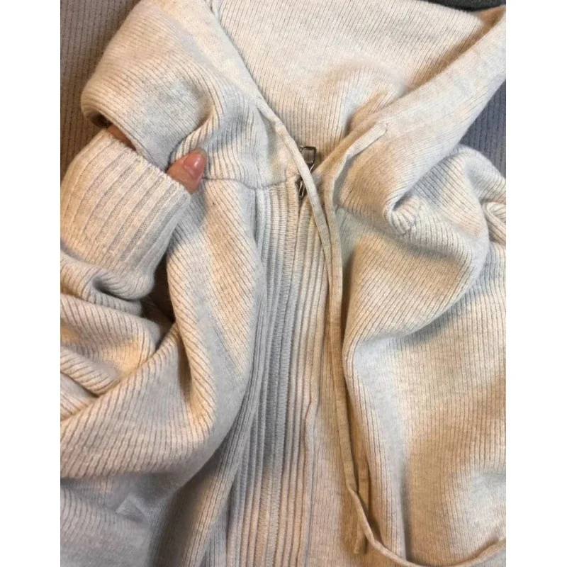 Gray Hooded Sweater Coat Women Spring Autumn Double Zipper Long Sleeve Loose Knitted Cardigans Simple All-matched Hoodies