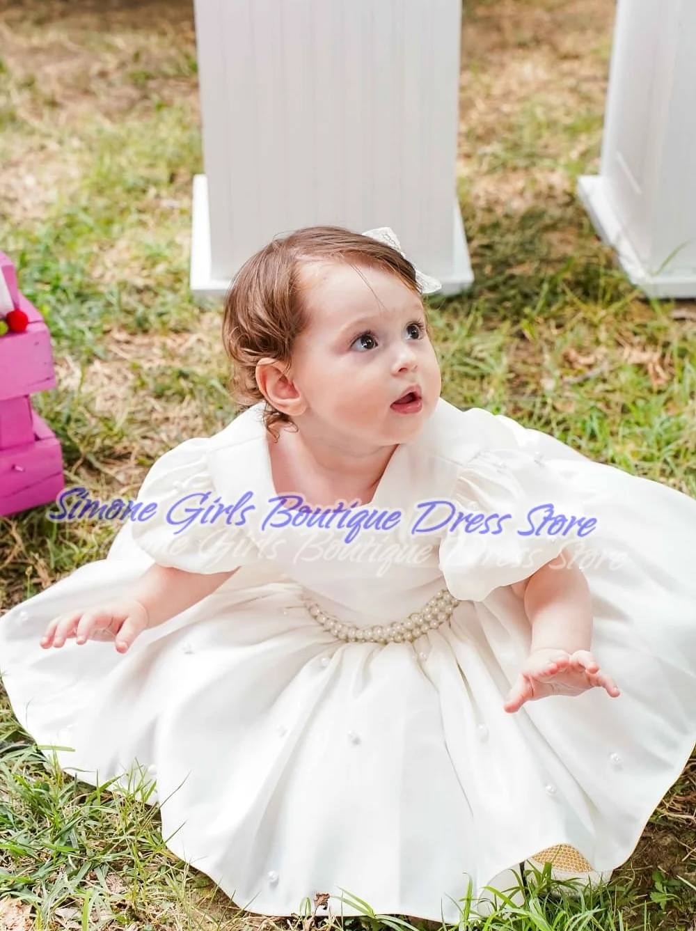 Bow Pearl Decoration Fluffy Skirt Puff Sleeves Flower Girl Dress for Wedding Ceremonies Holiday Celebrations Formal Receptions