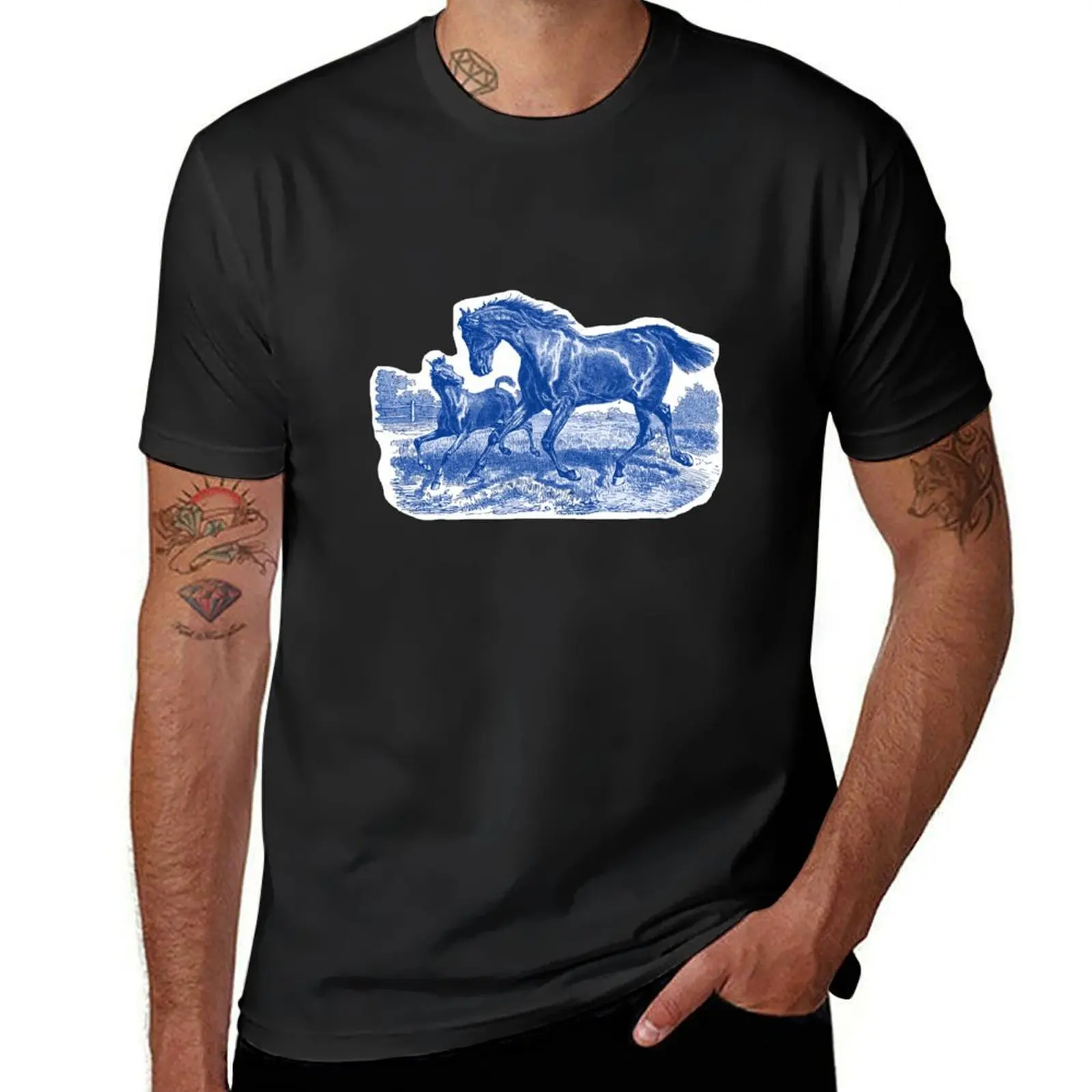 Classy Elegant Rustic Blue French Country Toile Horses Pattern T-Shirt oversizeds vintage big and tall t shirts for men