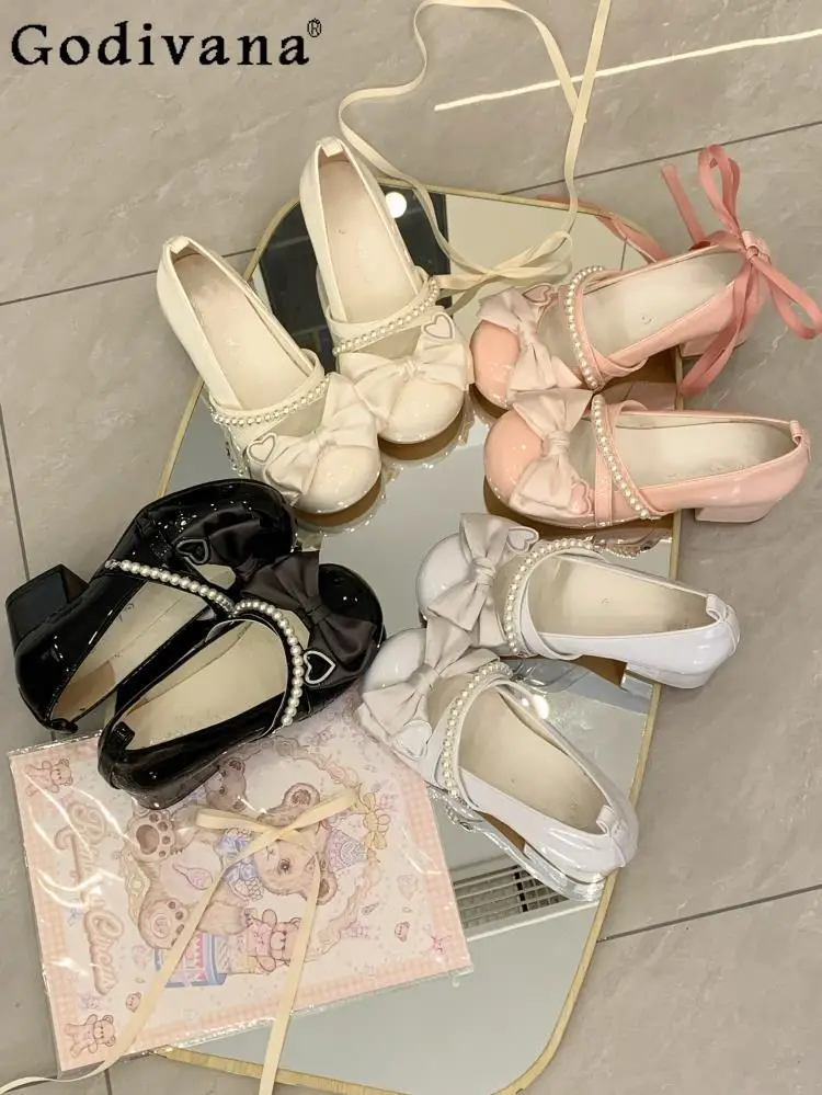 

Japanese Sweet Girl Bow Pearl One-button High Heels Round Head Leather Loli Soft Girl Single Shoes Mary Jane Women's Shoes