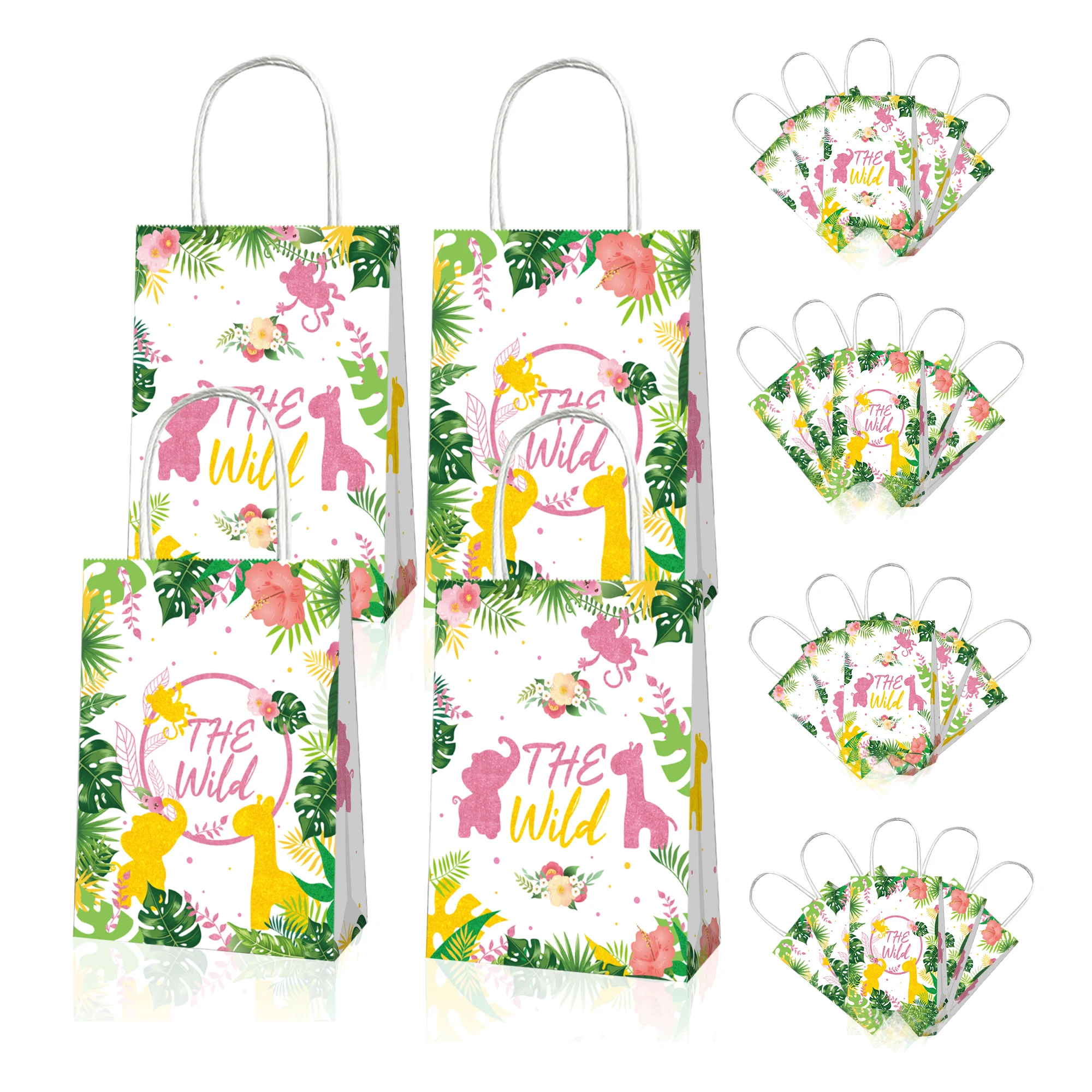 

BD064 12Pcs Cartoon Jungle Animals WILD ONE Birthday Party Packing Paper Tote Gift Bags Hawaii Baby Shower Party Decorations