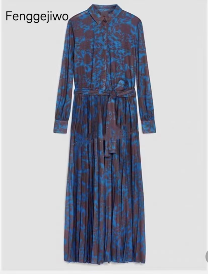 

Fenggejiwo women's lapel long sleeved louvered waistband dress