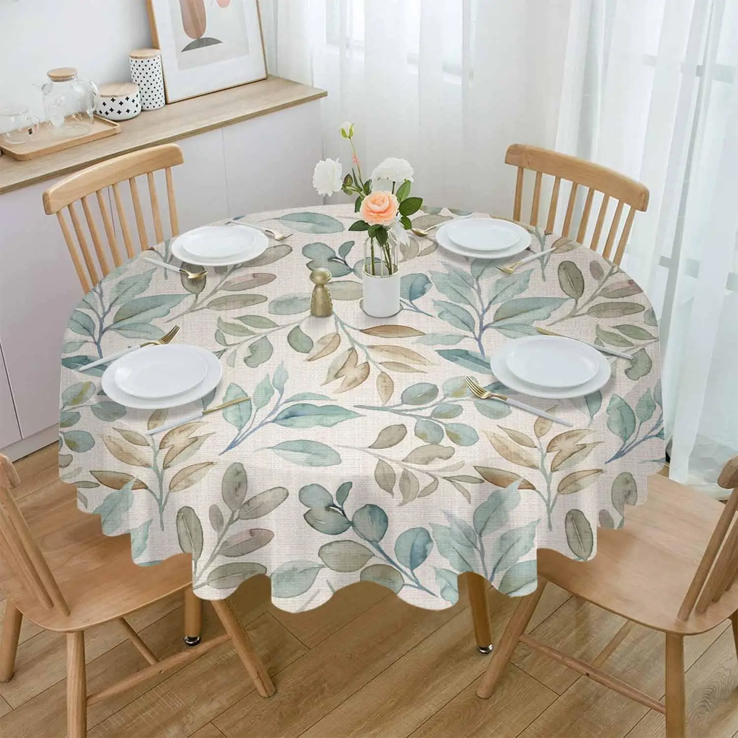 

Autumn Green Blue Leaves Round Tablecloth 60 Inch Waterproof & Stainproof Tablecloths, Fall Farmhouse Botanical Plant Wipeable