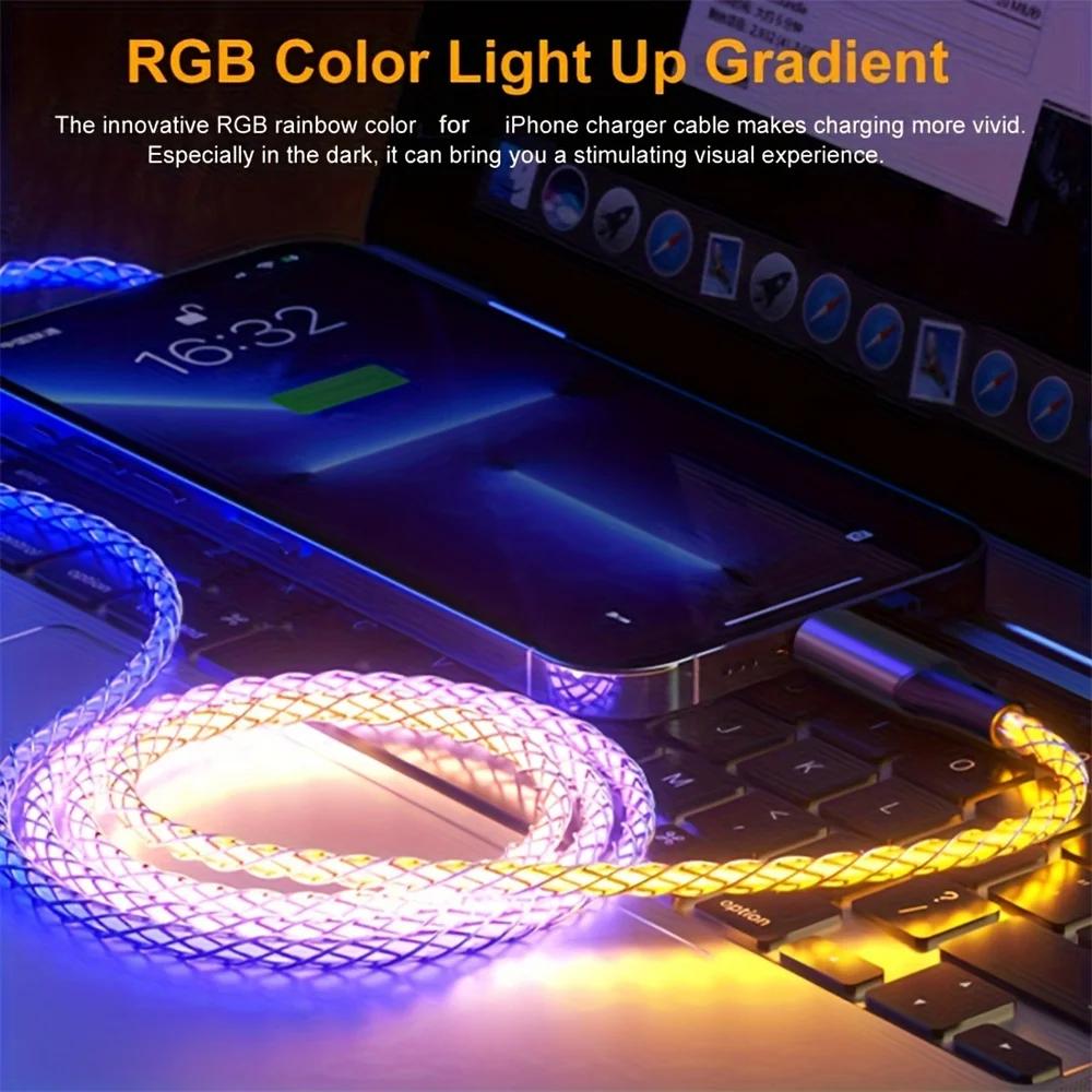 100W TYPE-C TO C Fast Charging Cable,Data Transfer,Multicolor LED RGB Light Gradient Car Interior Atmosphere Light Glow Charger