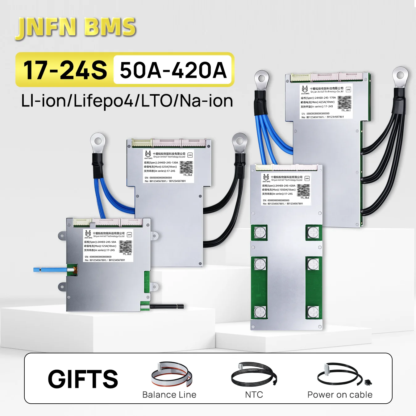 Ant inteligente bms 17-24s 50-340a 48v lifepo4/li-ion/lto balanceador de bateria bluetooth 280ah para e-bike motocicleta solar 24v pacote
