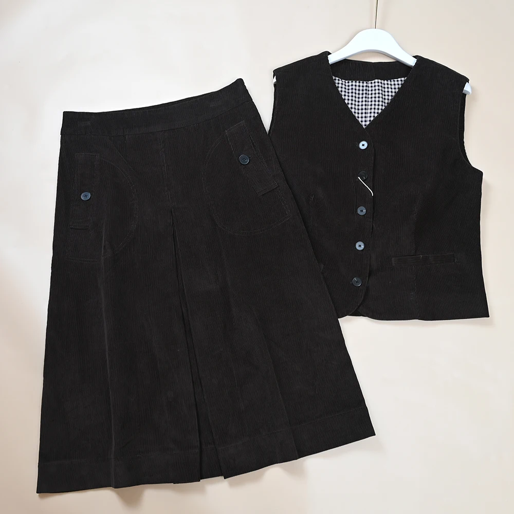 Ele Vintage Sle Chaleco de pana de otoño e invierno para mujer y falda acampanada Conjunto de traje de dos piezas Faionable con cintura en l