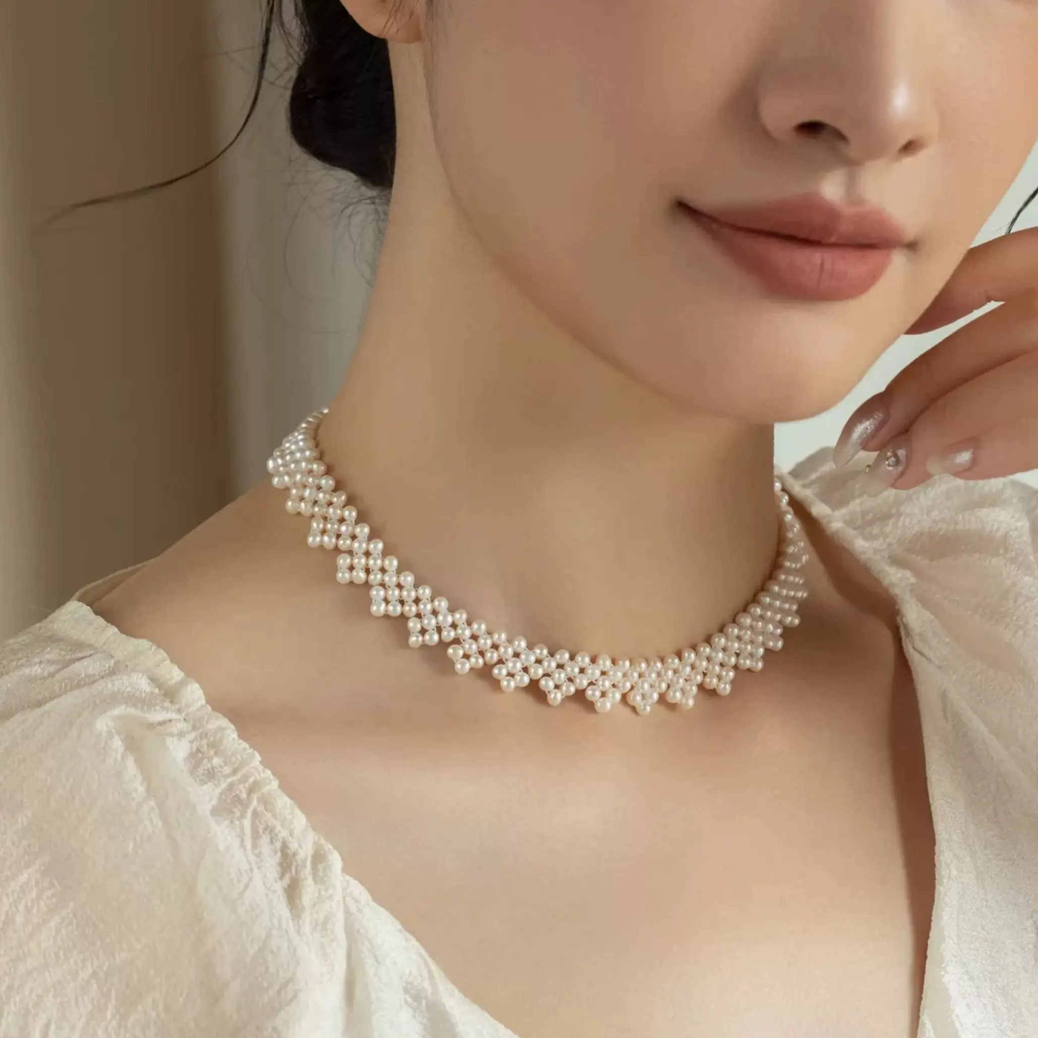 XF800Handmade Freshwater Pearl Necklace for Women Fine Woven Lace Collarbone Chain Choker Scarf Coverage Nature-Inspired Jewelry