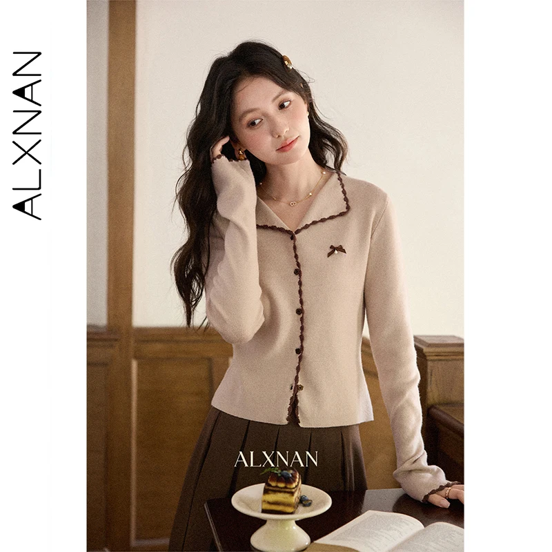 

ALXNAN Oatmeal Knitted Cardigan Short Flower Button Cute Women's Sweaters 2025 Fall Slim-fit Long Sleeve Knitted Tops L56967