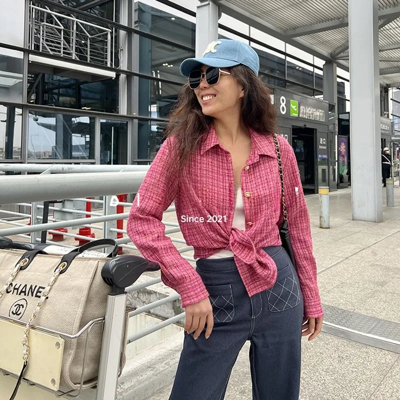 

Blanini Double-Sided Wear Plaid Fabric Women's Casual irt Jaet Two Colors Spring 2024 Long Sve Straight Cut