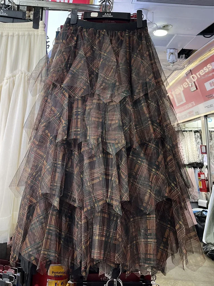 

High Waist Draped Me Plaid Skirt Women's Spring Summer New Sle f Body Skirt Gauze Uneven A-Line Cake Skirt