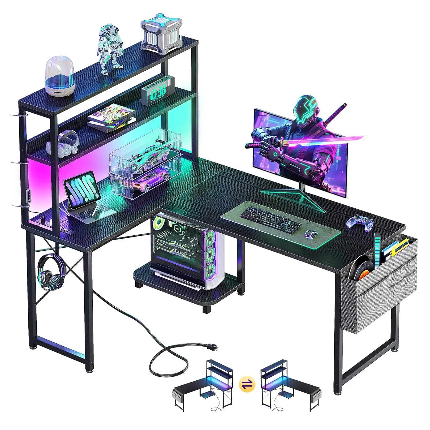 

L Shaped Gaming Desk LED Light Power Outlet 43 Inch Reversible Shelves Storage Bag Hook Corner Table Home Office Customized
